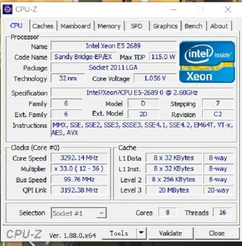 Procesador Intel Xeon E5-2689 LGA 2011 2,6 GHz Boost 3,6 GHz 8 núcleos 16 hilos