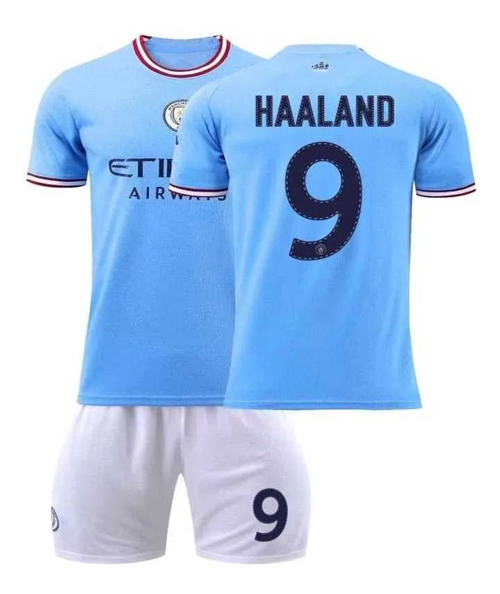 Equipación Camiseta y Short Manchester City Temporada 2022-2023 Haaland 9 Adulto y Niño Alta Calidad